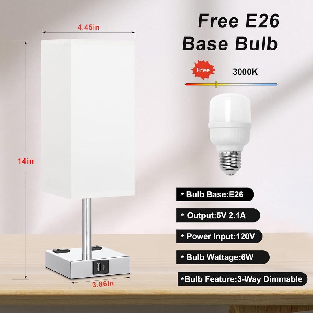 Touch Bedside Table Lamp for Nightstand - 3-Way Dimmable Night Lamp with USB A + Type C Charging Ports and Two AC Outlets, Small Desk Light with E26 LED Bulb for Bedroom Living Room Dorm Office,White