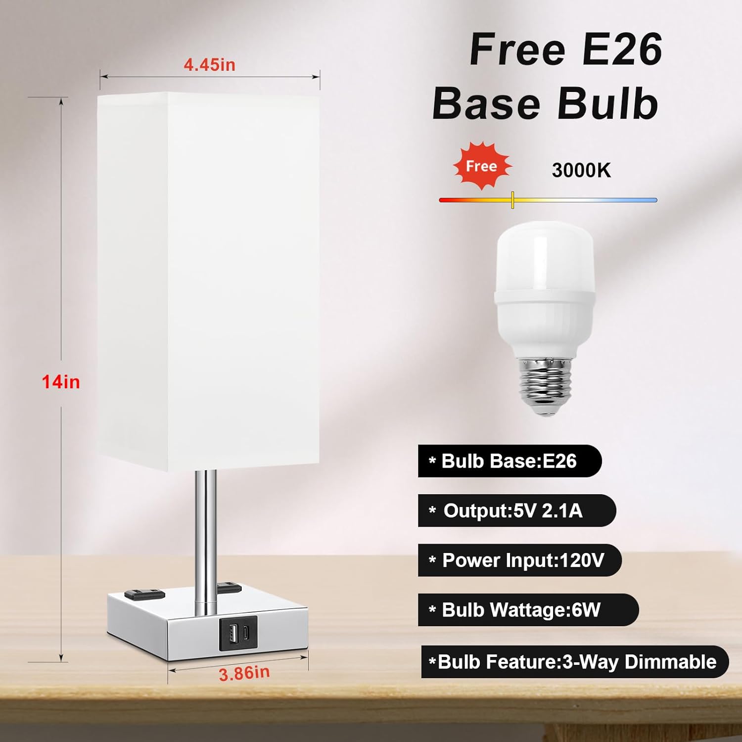 Touch Bedside Table Lamp for Nightstand - 3-Way Dimmable Night Lamp with USB A + Type C Charging Ports and Two AC Outlets, Small Desk Light with E26 LED Bulb for Bedroom Living Room Dorm Office,White