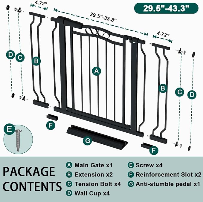 Fairy Baby 29.5"-43.7" Extra Wide Baby Gate for Dog, Pressure Mounted Pet Gate for Stairs & Doorway, Dog Barrier for Home Indoor, Kids Puppy Cat Gate, Metal Child Safety Proof Garden Gate, Black
