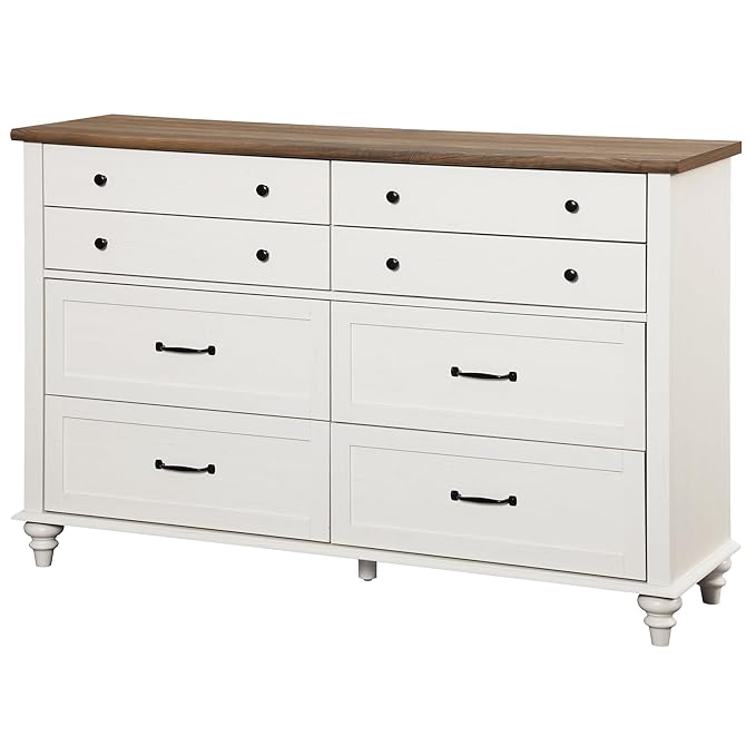 WAMPAT Kids Dresser for Nursery with 8 Drawers, Off White Baby Dresser for Kids Room, Wide Wooden Chests & Dressers for Bedroom, Distressed Mid Centuy Storage Organizer for Child’s Room, 54 Inch