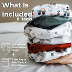 Nora's Nursery Cloth Diaper Cover, Reusable Cover with Snap Closure for Flat or Fitted Inserts - 7-Pack with Wet Bag - On The Farm
