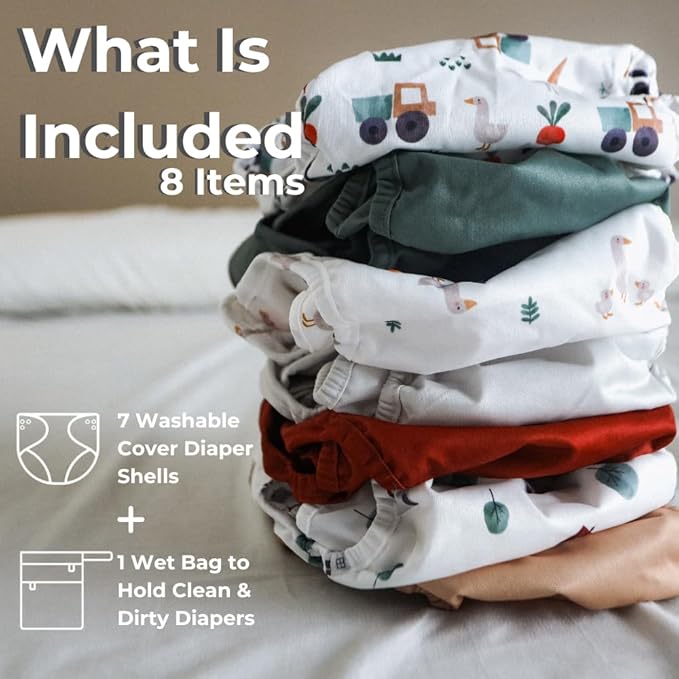 Nora's Nursery Cloth Diaper Cover, Reusable Cover with Snap Closure for Flat or Fitted Inserts - 7-Pack with Wet Bag - On The Farm