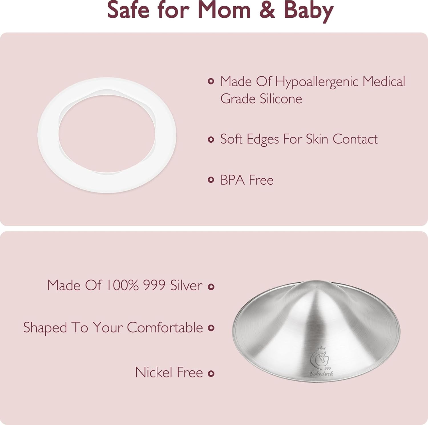 Boboduck The Original Silver Nursing Cups - 999 Silver Nipple Covers Breastfeeding - Protect and Soothe Sore Nipples - Breastfeeding Essentials Silver Nipple Guards with Soft Silicone Ring (Regular)