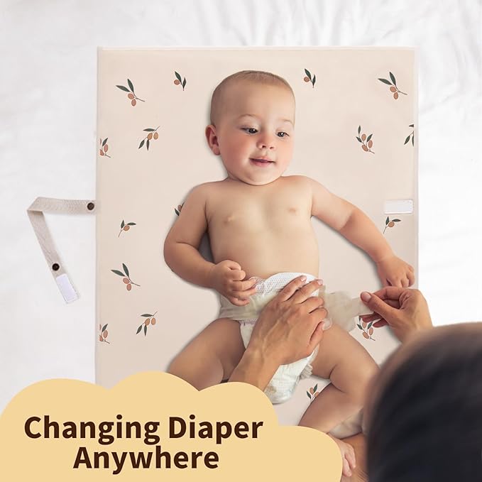 Vegan Leather Portable Changing Pad - Waterproof Compact Baby Changing Mat - Foldable Travel Diaper Changing Pad, Newborns Shower Gifts (Olive Branch with Strap, 20"*28")