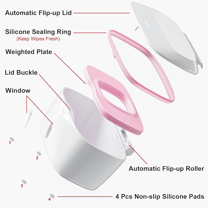 Wipes Dispenser with Weighted Plate, X2 PRO, Seposeve Perfect Pull Baby Wipe Holder, Refillable Wipe Container, Keeps Wipes Fresh, One-Handed Operation. Non-Slip, Easy Open/Close Wipes Case, Pink