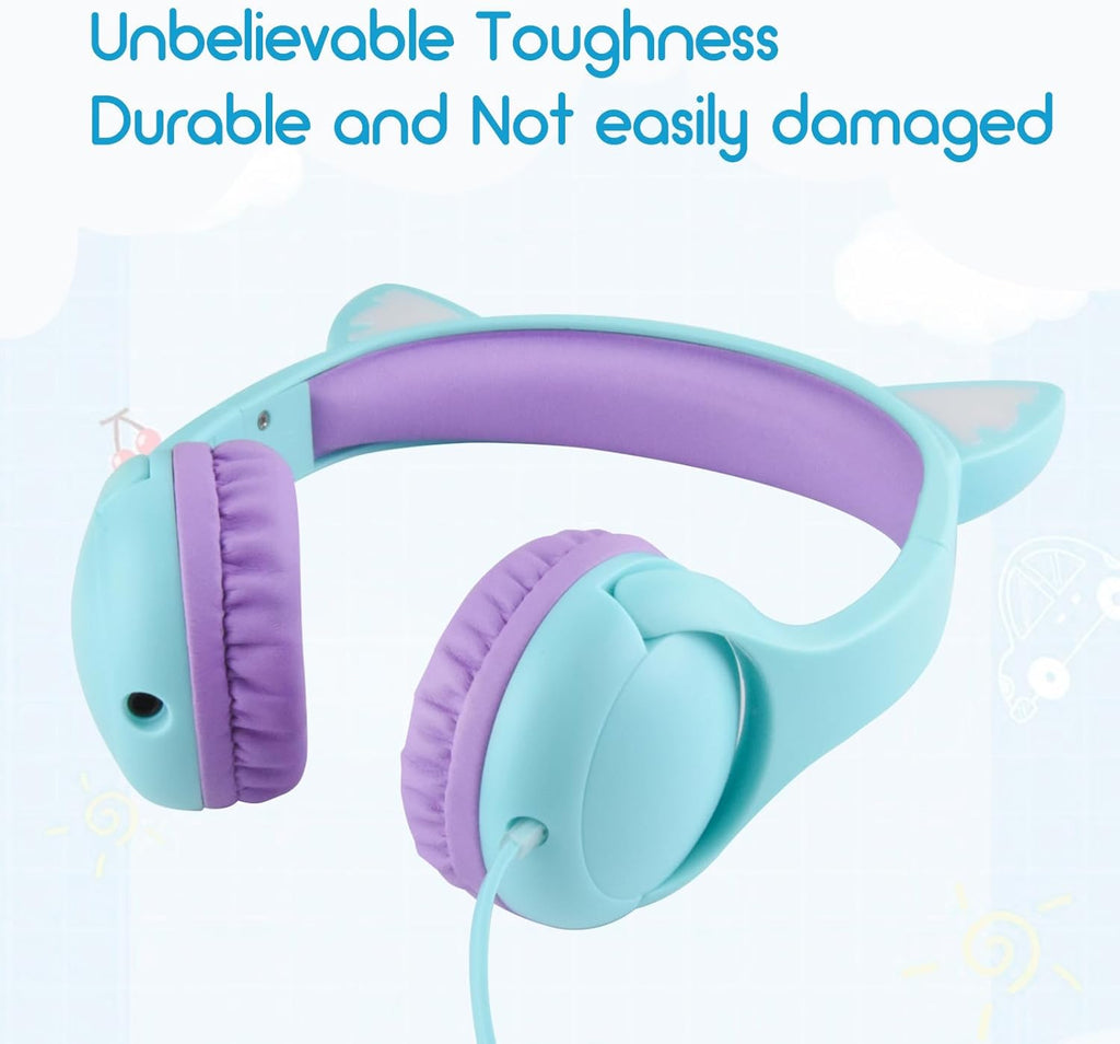 Olyre Kids Headphones with MIC for School, 85dB Safe Volume Limited Light Up Cat Ear Headphones,Wired Cord On-Ear Headset for Children/Boys/Girls/Travel-Green/Purple