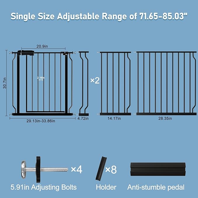 ALLAIBB Extra Wide Pressure Mount Baby Gate Auto Close Black Metal Child Dog Pet Safety Gates with Walk Through for Stairs,Doorways,Kitchen and Living Room (71.65-85.03"/182-218cm)