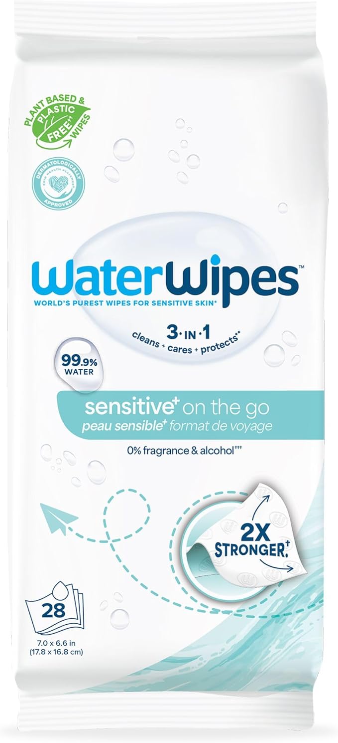 WaterWipes Sensitive+ On The Go Wipes, 3-In-1 Cleans, Cares, Protects, 99.9% Water, Unscented & Hypoallergenic Wet Wipes, 28 Count (Pack of 1)