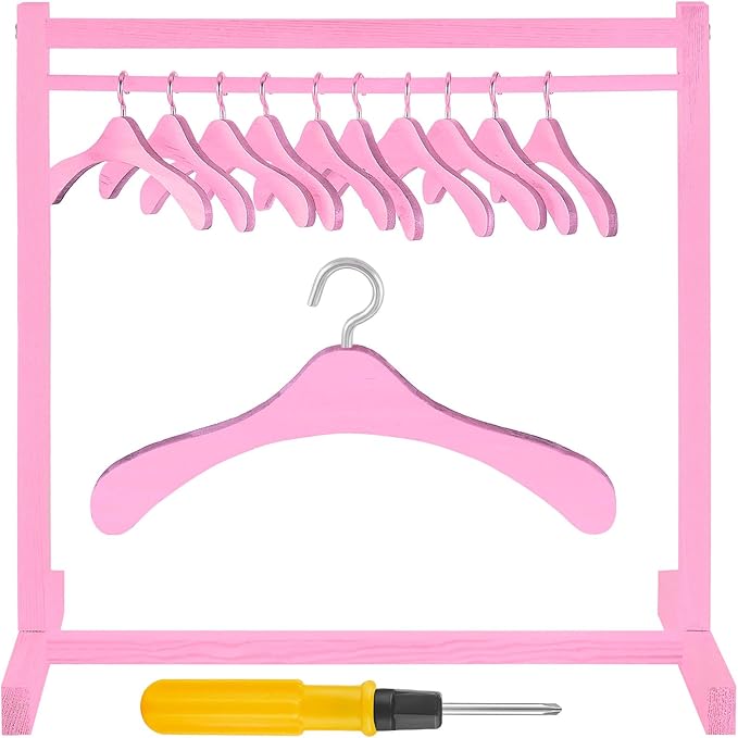 Civaner 11 Pcs Doll Garment Rack with Wooden Clothes Hanger for 18 Inch Girl Doll Clothes Mini Hangers Wardrobe Furniture Accessories for Dollhouse Baby Shower Supplies (Pink)