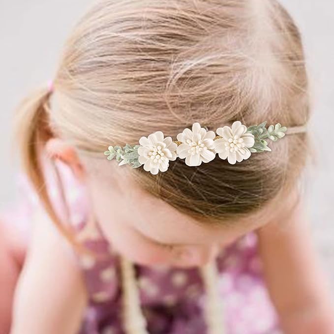 Baby Girl Nylon Headbands Flower Hair Bows Accessories-Elastic Hair Band Crown Handmade FLoral Wraps Birthday Gifts for Girls Newborn Infant Toddler 3Pcs