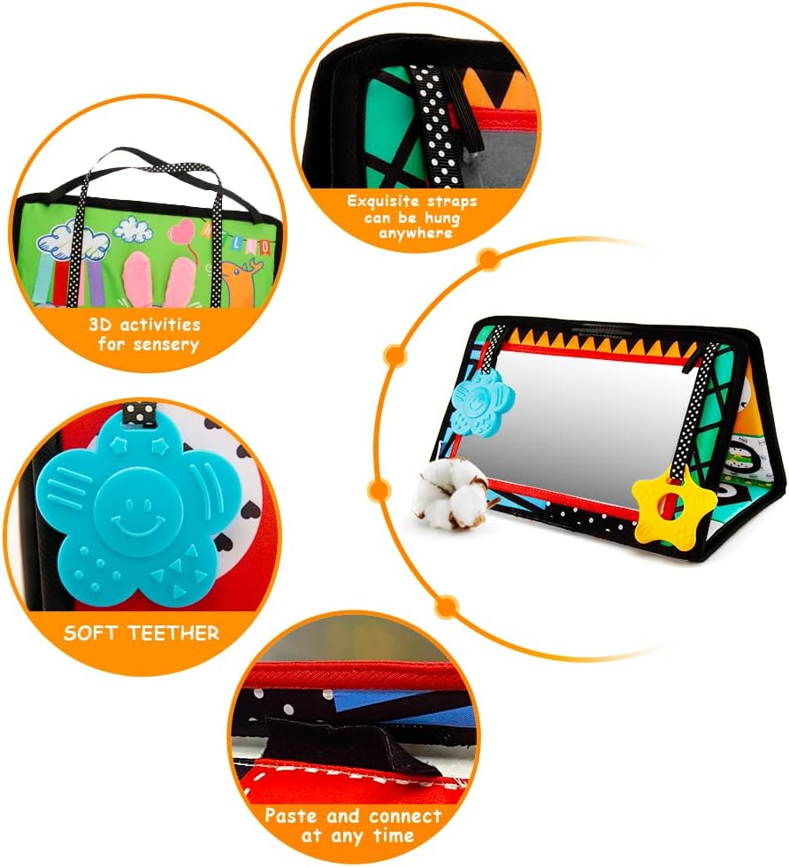 beetoy Tummy Time Baby Mirror Toys with Black and White Pattern, High Contrast 3D Activity Play Crinkle Toys Baby Mirror for Newborn 0 3 6 Months