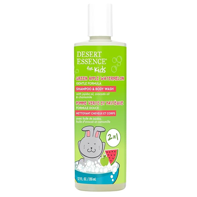 Desert Essence Kids 2-in-1 Shampoo & Body Wash 12.0 fl oz - Vegan, Gluten-Free. Cruelty-Free - Leaves Hair & Skin Nourished - Gentle Formula (Green Apple)
