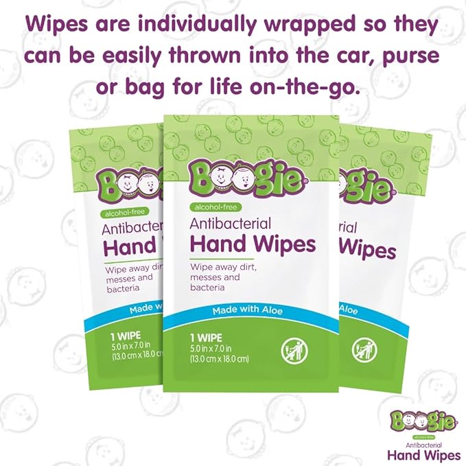 Boogie Antibacterial Hand Wipes, Alcohol Free, Hypoallergenic and Moisturizing Aloe, For Kids and Adults - 30 Wipes (Pack of 2)