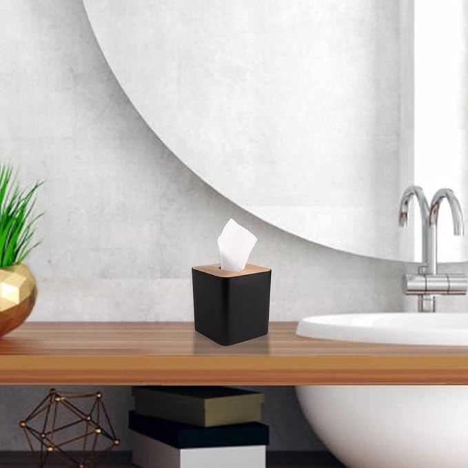 MOCHTERO Tissue Box Cover,Tissue Holders,Tissue Box Holder for Bathrooms,Bamboo Cover Plate,Home and Office,5 * 5 * 5.4in (Black)