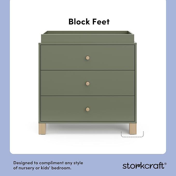 Storkcraft California 3-Drawer Chest with Removable Changing Topper (Olive with Driftwood) – GREENGUARD Gold Certified, Interlocking Drawer System, Pre-Installed Tracks, Easy Assembly