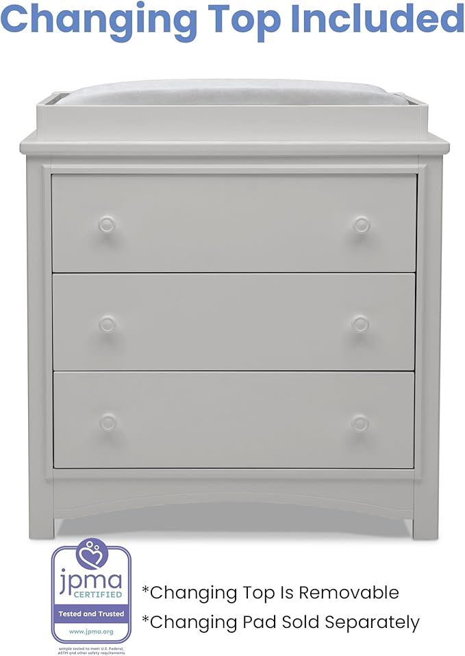 Delta Children Perry 3 Drawer Dresser with Changing Top and Interlocking Drawers, Moonstruck Grey