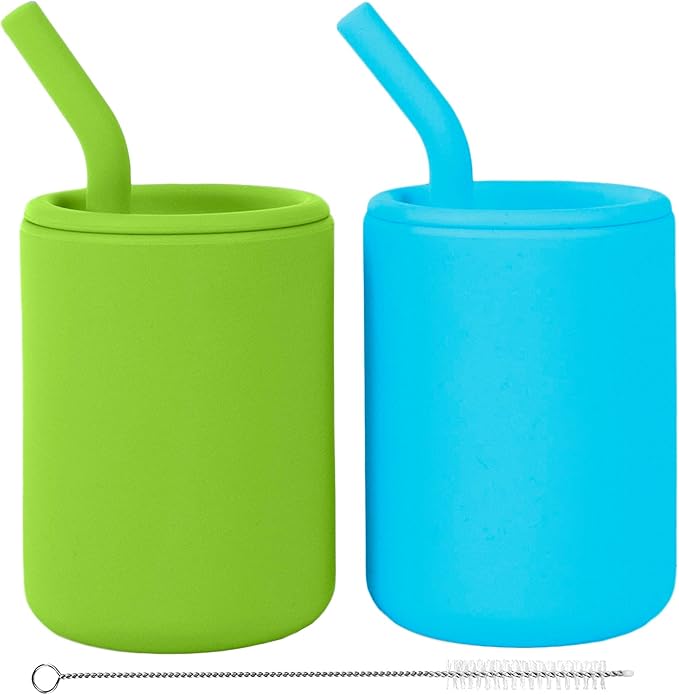 WeeSprout Silicone Baby Cups With Straws and Lids, 4 & 8 oz Options, Set of 2, Food Grade Toddler Training Container, Built In Straw Stoppers, Measurement Markings, Dishwasher Safe + Straw Cleaner