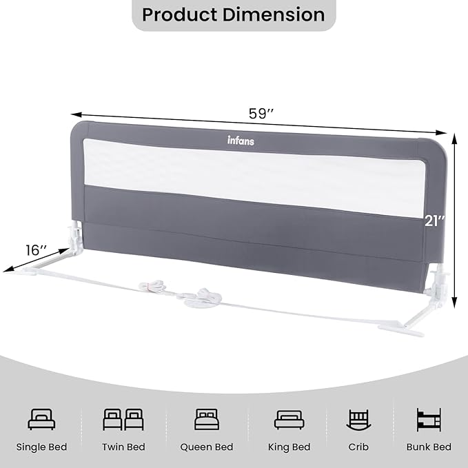 INFANS Bed Rail for Toddlers, 59" Foldable Safety Baby Crib Rail Fit for Kids Twin, Extra Long Swing Down Bed Guardrail for Convertible Crib, Queen, Full, King Mattress Side Guard (Gray)