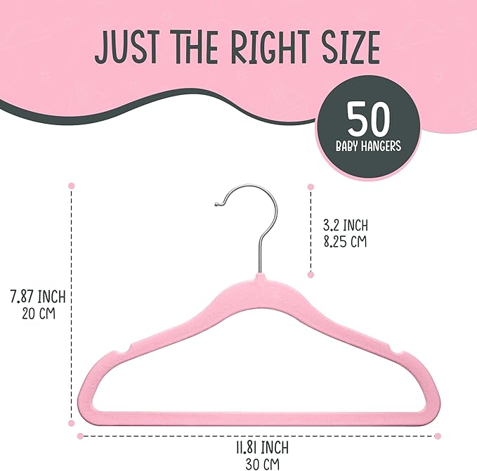 50 Premium Baby Velvet Hangers - 11.8 Inches Non-Slip & Ultra-Slim Baby Hangers for Space-Saving & Children Clothes - 360 Swivel Hook, Strong & Durable Infant & Toddler Clothes Hanger - Pink