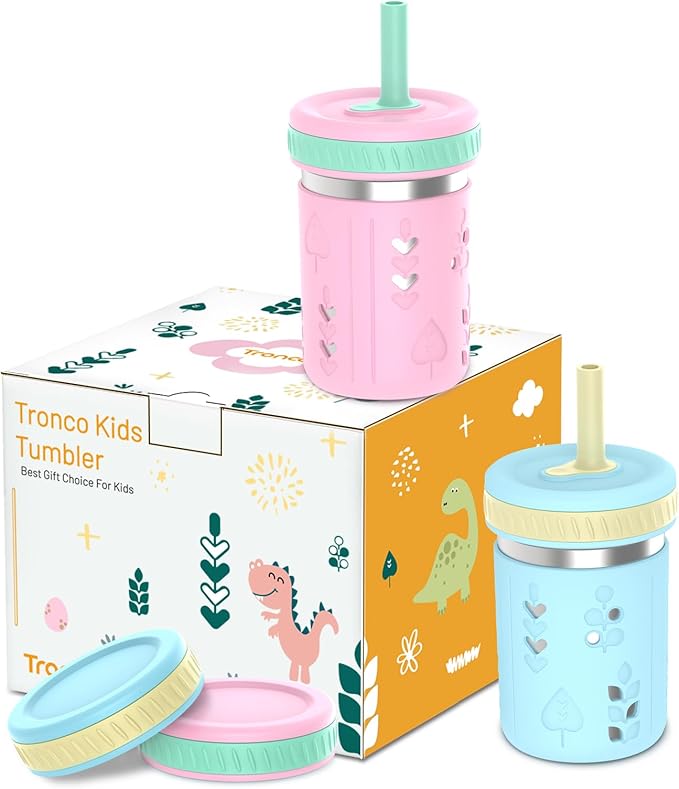 Tronco [2 Pack] 10 oz 2-in-1 Stainless Steel Kids Tumbler Cups with Silicone Sleeves, Spill-Resistant Flexible Straws & Storage Lids, BPA-Free Smoothie and Snack Cups, Dishwasher Safe