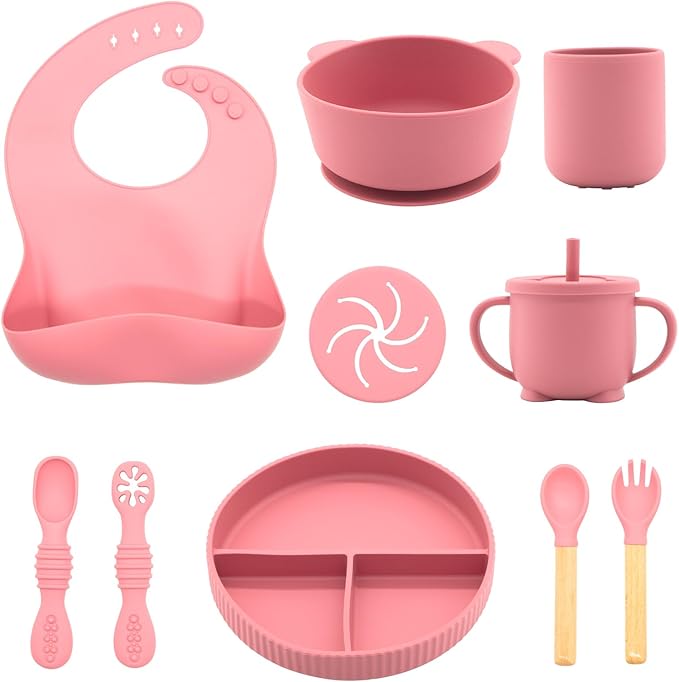 Silicone Baby Feeding Set 10 Pcs, Baby Led Weaning Supplies, Baby Feeding Supplies Set BPA Free, Baby Essentials for Newborn Gift Red