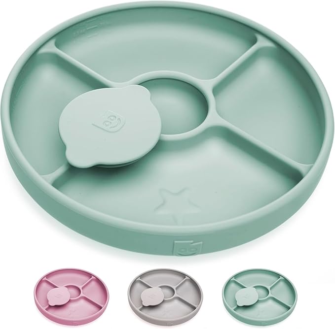 TalkTools Bitsy Silicone Baby Suction Plate with Locking Lid – Divided Plate for Toddlers Learning to Self-Feed – Non-Slip, BPA-Free, Microwave + Dishwasher Safe Baby Mealtime Plate (Sage)