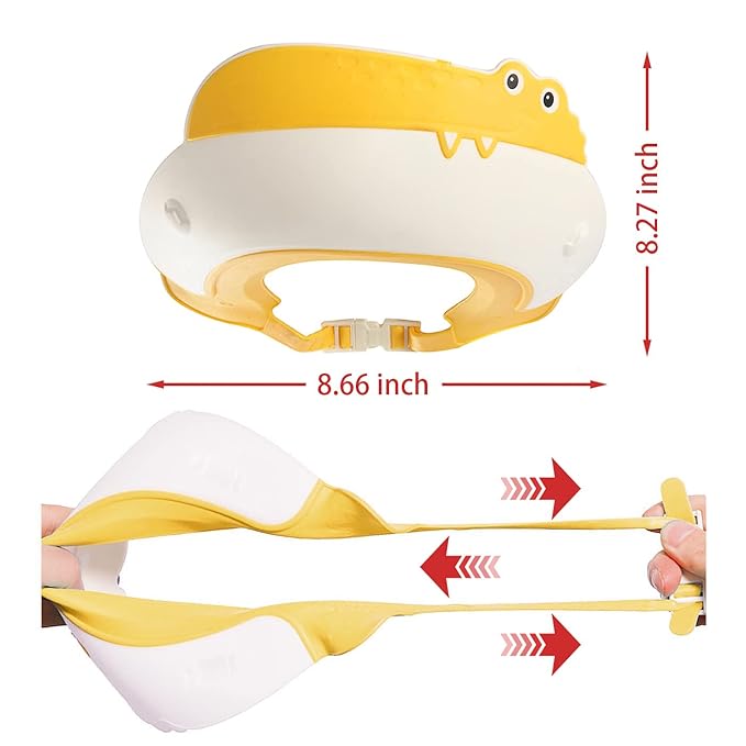 Baby Shower Cap Shield, Shower Cap for Kids, Visor Hat for Eye and Ear Protection for 0-9 Years Old Children,Cute Dinosaur/Crocodile/Hippo shape Makes the Baby Bath More Fun (Crocodile, Yellow)