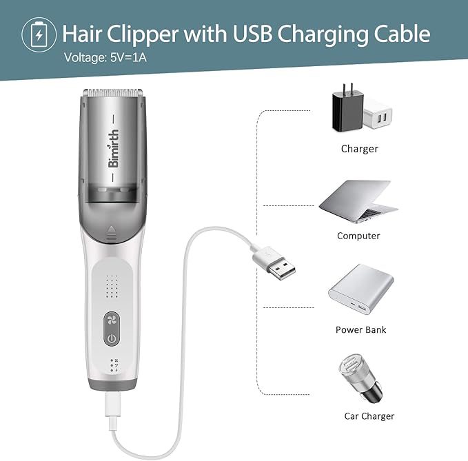 Bimirth Baby Hair Clipper with Vacuum - Hair Trimmer for Kids and Toddlers - Waterproof, Rechargeable, Cordless Hair Cutting Machine for Children (with Bag)