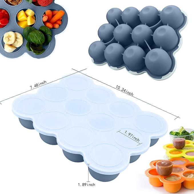 Samuelworld Baby Food Storage Container, 12 Portions x 2.5oz - BPA Free Silicone Freezer Tray with Clip-On Lid for Breast Milk Storage, Homemade Baby Food, Vegetable & Fruit Purees - Navy Blue