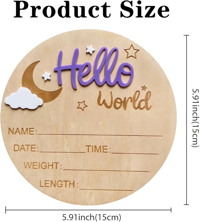 Baby Announcement Sign, 5.9 Inch Wooden Hello World Newborn Signs, Birth Announcement Sign and Pen, Moon and White Cloud Decoration, Welcome Newborn Arrival to World, Hospital Nursery for baby (Purple)