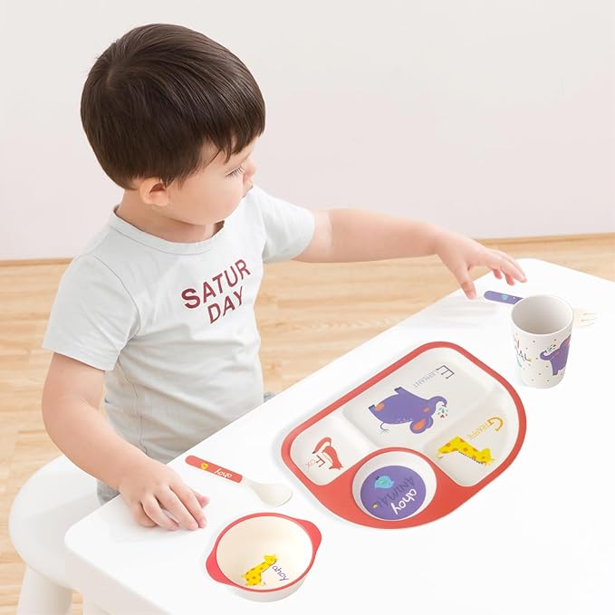 Kids Feeding Set 5 Pcs, Tableware Set for Toddlers Includes Plate Bowl Cup Fork and Spoon Utensil Flatware, Kids Flatware Set Dishwasher Safe, BPA Free (Animalworld)
