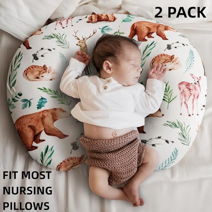 2 Pack Nursing Pillow Cover Neutral Stretchy Removable Baby Nursing Covers for Breastfeeding Pillows Soft Breathable Pillow Slipcover for Newborn Baby Boy or Girl (Animal)