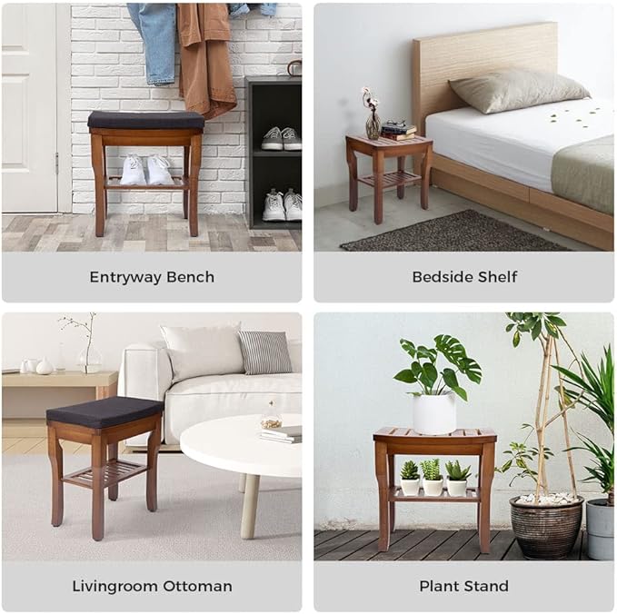 StrongTek Bamboo Shower Bench Seat with Cushion, Shower Stool with Storage Shelf, Lightweight, Non-Slip, Quick-Drain Design, 350 lbs Capacity, Ideal for Bathroom, Spa, Sauna, Living Room