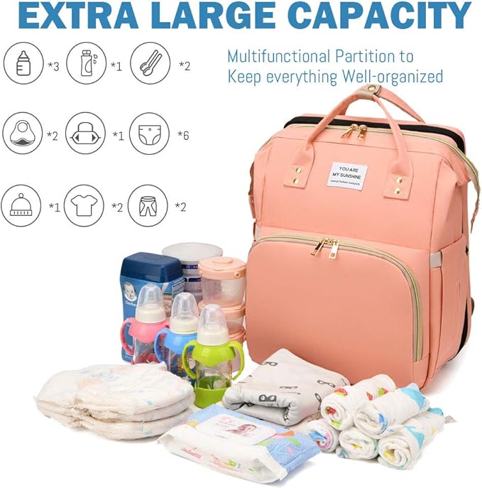 Diaper Bag Backpack with Changing Station, Nappy Baby Bags with Portable Changing Pad, 900D Waterproof Multi-Function Travel Portable Mommy Bag, Pink