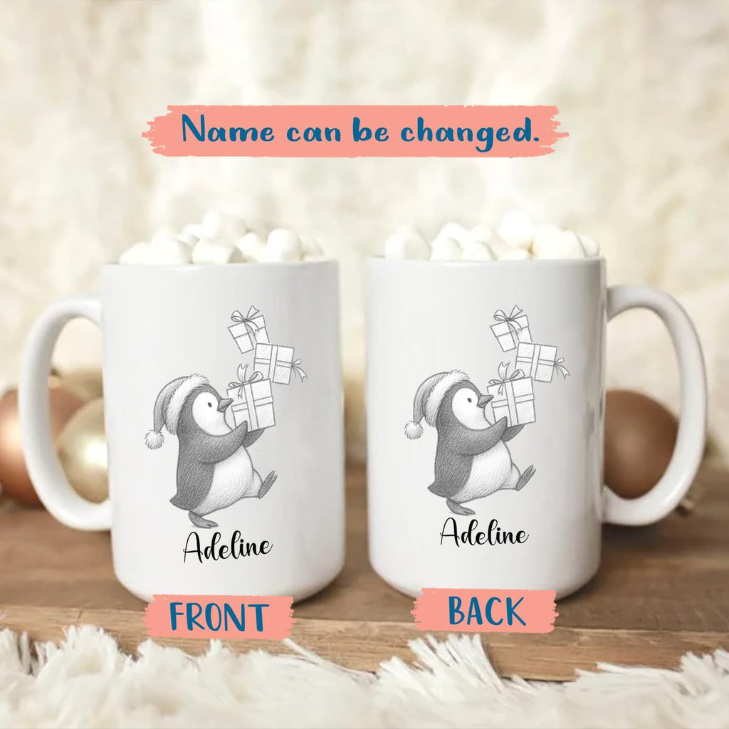 Personalized Penguin Accent Coffee Cup With Name, Cute Penguins Ceramic Mug Gift For Granddaughter Grandson Birthday, Customized Name Penguin White Coffee Mug 11 15 Oz, Novelty Penguins Lover Teacup