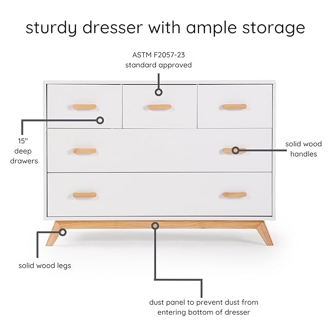 dadada Soho 5-Drawer Dresser for Nursery and Bedroom - Modern Design, Large Storage, Baby-Safe Finish, Soft Close Drawers, Anti-Tip Safety, Sturdy Legs & Solid Wood Handles, 47” Wide (White+Natural)