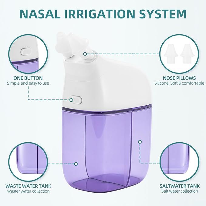Nasal Irrigation System with 30 Saline Packets, Sinus Rinse Machine, Nose Sinus Cleaner Machine with Water Tank & Waste Collection Tank - Violet