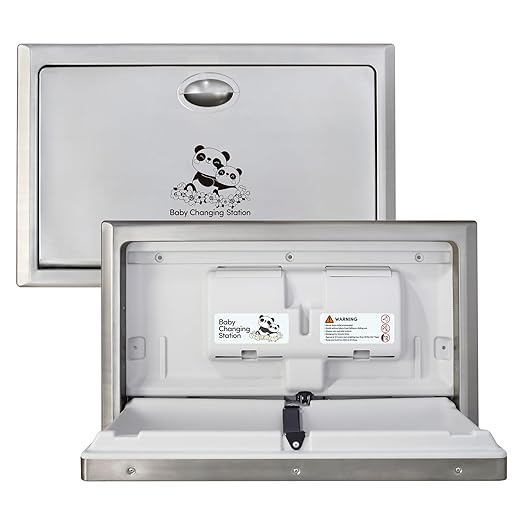 Panda Care Stainless Steel Recessed Mounted Baby Changing Station, Heavy Duty Foldable Diaper Changing Table with Liner Dispenser and Adjustable Safety Belt for Commercial and Business
