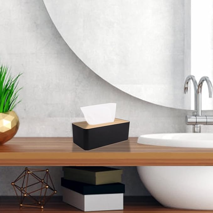 MOCHTERO Tissue Box Cover,Tissue Holders,Tissue Box Holder for Bathrooms,Bamboo Cover Plate,Home and Office,9.7 * 5 * 3.6in (Black)