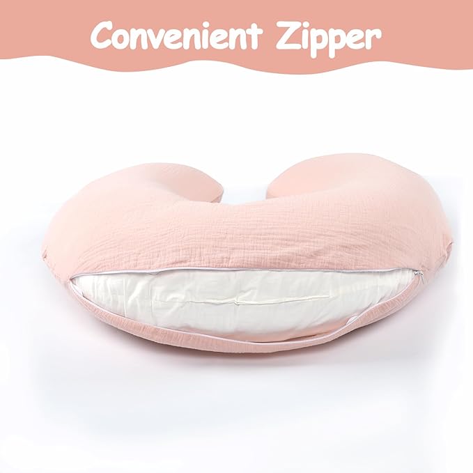 Hooyax Muslin Nursing Pillow Covers Only, Soft and Breathable Nursing Covers for Breastfeeding Pillows, Adorable Infant Feeding Pillow slipcover for Baby Boy and Girls (Pink)