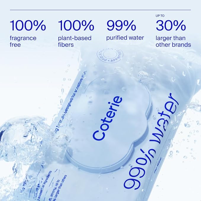 Coterie Baby Wipes + Diapers Kit, Size 1 (198 Count) & Size Newborn Diapers (93 Count), 4 Pack (224) Wipes with 99% Water, Plant Based Materials, Hypoallergenic for Sensitive Skin, Baby Essentials