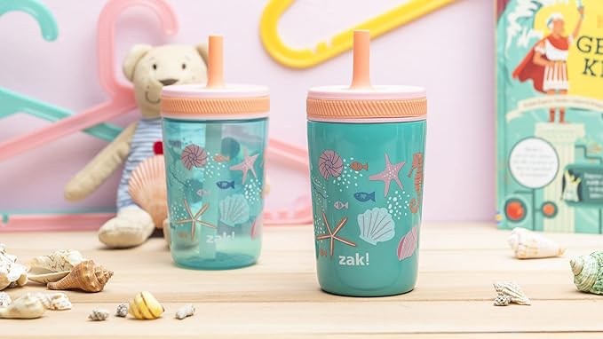 Zak Designs Shells Kelso Tumbler Set, Leak-Proof Screw-On Lid with Straw, Bundle for Kids Includes Plastic and Stainless Steel Cups with Bonus Sipper (3pc Set, Non-BPA) 15 fl.oz.