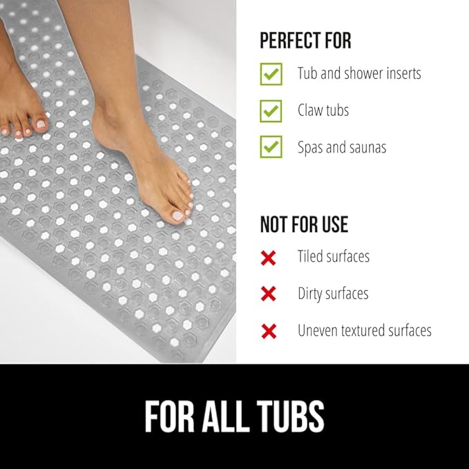 GORILLA GRIP Patented Bath Tub Shower Mat, Machine Washable Bathtub Floor Liner Mats, Suction Cups and Drain Holes to Keep Tubs Clean, Soft on Feet, Bathroom Essentials, 35x16 Inch, Gray Opaque