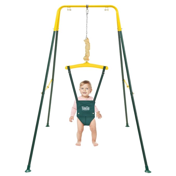 FUNLIO Baby Jumper with Stand for 6-24 Months, Infant Jumper for Indoor/Outdoor Play, Toddler Bouncer for Baby Girl/Boy, with Adjustable Chain, Easy to Assemble & Store (with Stand) - Green