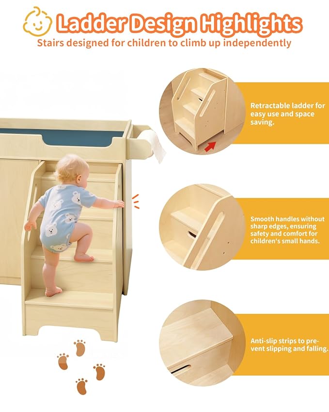 Wooden Baby Changing Table with Stairs & Storage, 100% Birch Plywood Toddler Diaper Changing Station with Tissue Holder, Montessori Furniture for Daycare, Nursery, Home, School