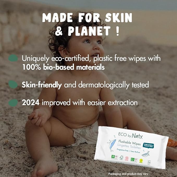 Naty Flushable Toddler & Baby Wet Wipes | Plant-Based, Water-Based for Sensitive Skin | Natural & Unscented Potty Training Wipes | Water-Degradable, Plastic-Free, Fragrance-Free | 504 Count (12 Packs)