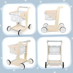 Asweets 2 in 1 Wooden Baby Walker Push and Pull Doll Stroller, Shopping Cart Learning Walker for Boys and Girls, Sit Stand Learning Toddler Toy (Grey)