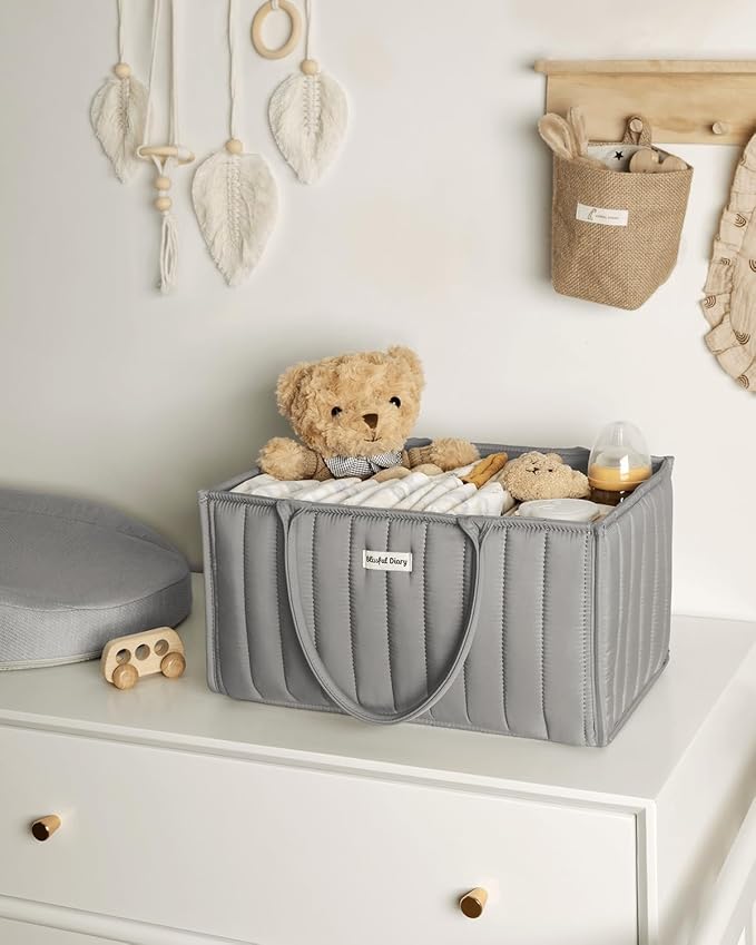 Blissful Diary Baby Diaper Caddy Organizer, Stylish Storage Basket for Newborn Essentials and Diaper Station, Gift for Baby Shower and Registry Must-Have, Light Gray