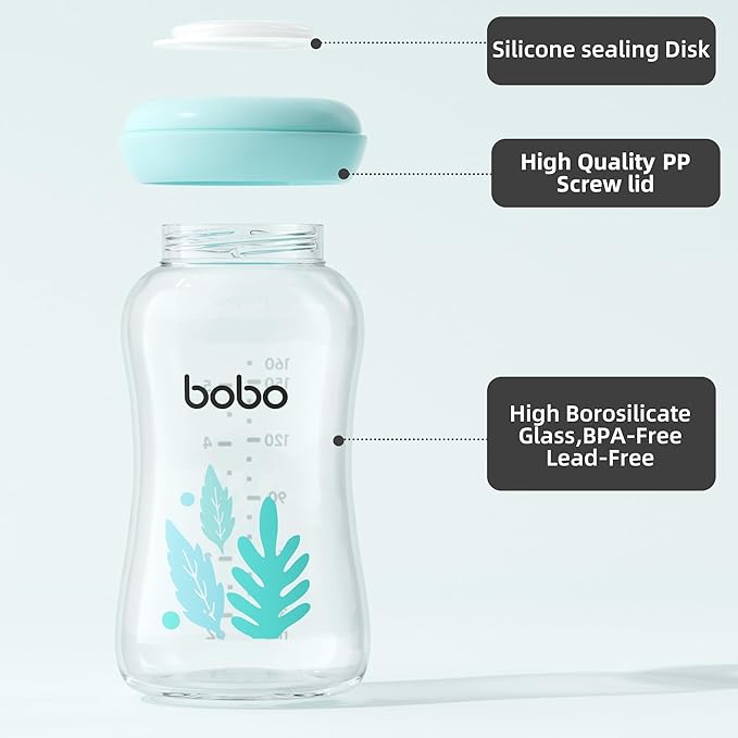 YOHKOH Glass Breast Milk Storage Bottles - 100% Leak-Proof, BPA-Free Breastmilk Storage Containers, Freezer & Dishwasher Safe, Ideal for Nursing Mothers (Blue, 5.4oz (Pack of 6))