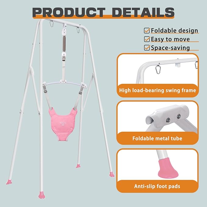 2-in-1 Baby Jumper & Swing - Foldable Stand, Stable Toddler Swing Set for Indoor & Outdoor Use (Pink)